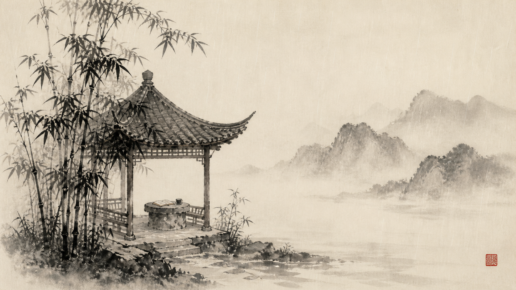 雨中竹林一座小亭，远山隐约